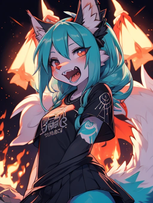 Miku Hatsune, add high definition_detail:1, blue fur,kitsune ears, tribal tattoo add_detail:1 cute high school clothes, pretty girl add_detail:3 18 year old girl, short black lycra, black metal t shirt, flirty look add_detail:3, hands, rock, sign, screaming add_detail:1, singer, screaming girl
