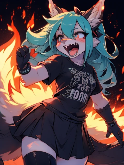 Miku Hatsune, add high definition_detail:1, blue fur,kitsune ears, tribal tattoo add_detail:1 cute high school clothes, pretty girl add_detail:3 18 year old girl, short black lycra, black metal t shirt, flirty look add_detail:3, hands, rock, sign, screaming add_detail:1, singer, screaming girl