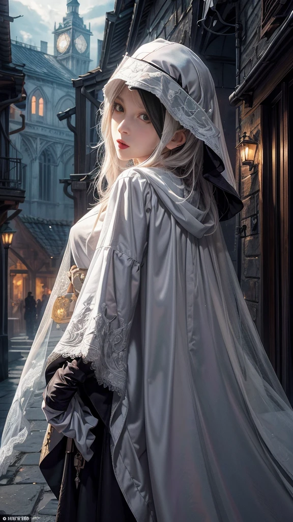extremely detailed, detailed background, source_anime, plague doctor, long beak, white veil, fancy veil, holding poison vial, white plague doctor mask, gothic city background, night, lowlight, clouds of poison, white surgery dress, looking at viewer, close up, from below, from side, alleyway