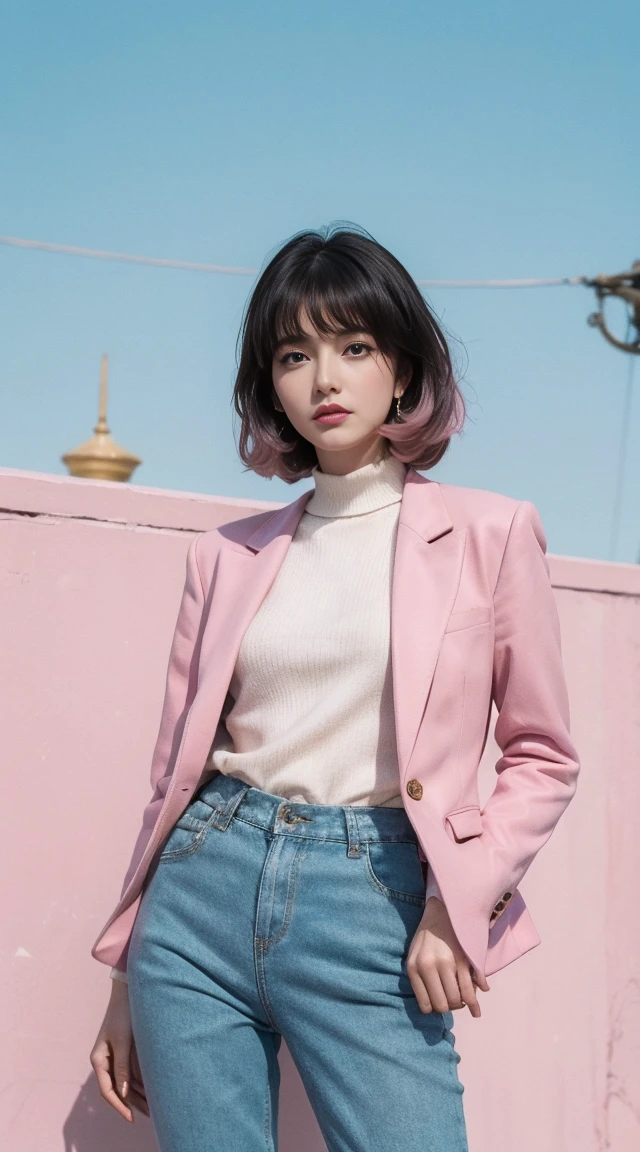 Vogue style photoshoot, Clarity, 4k, 8k, detail, actual, Beautiful Girl, wear pastle blazer, pastle pants, black lips, pink and blue mullet haircut, Perfect body, thigh, stand, pose standing, medium chest, Wes Anderson style, pastle color background in Wes Anderson style