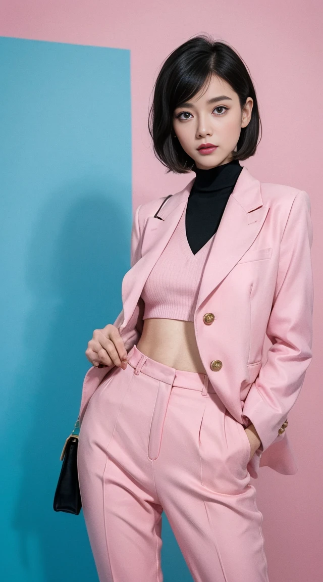 Vogue style photoshoot, Clarity, 4k, 8k, detail, actual, Beautiful Girl, wear pastle blazer, pastle pants, black lips, pink and blue mullet haircut, Perfect body, thigh, stand, pose standing, medium chest, Wes Anderson style, pastle color background in Wes Anderson style