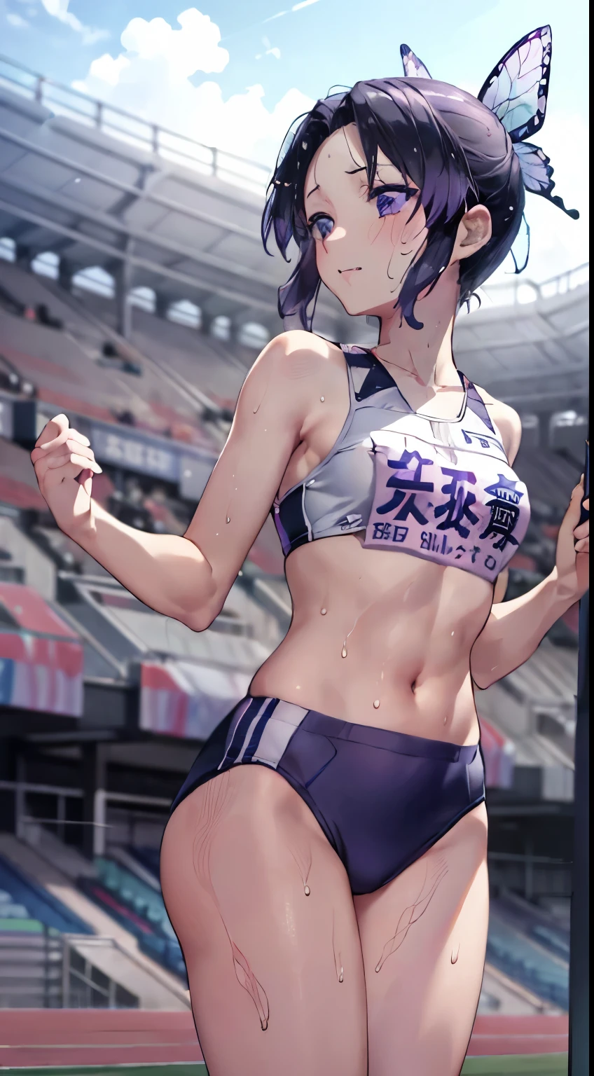 Olympic, kochou shinobu, Full-body ultra-realistic 8K CG,masterpiece,Angle from the auditorium,Running at full speed, Underboob, Look at the goal, ((Highly detailed background,Delicate pattern,Intricate details)),The best quality in the best condition,とてもとてもとても詳細なface,(((Stadium, Arena))),, (((Serious expression, Sweat))), , , Highly detailed eyesとface,Highly detailed eyes,kochou shinobu,Multicolored Hair,No bangs,Hair Intake,Track and field uniforms, Purple eyes,Haori,butterfly,band,(熱band庭園:1.2),Purple Flower,mostly cloudy null,Light of the sun,Tyndall effect,slope_null,face,beautiful null,,Seductive posture,(Medium chest:1.3),(Track and field costumes:1.6)