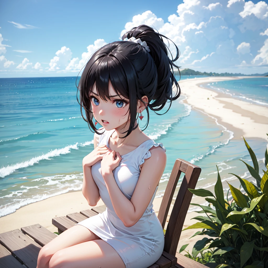 masterpiece, best quality, earrings, transparent, white dress, black hair, small breasts, girl, alone, upper body, hot, sweaty, sitting, ponytail, looking at camera, hands on own chest, ocean, cruiser, sitting, angry