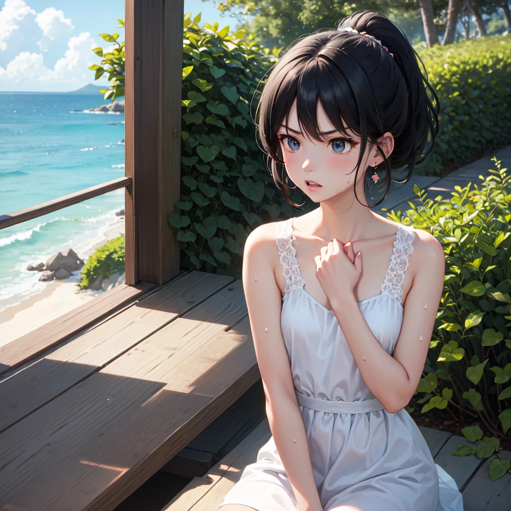 masterpiece, best quality, earrings, transparent, white dress, black hair, small breasts, girl, alone, upper body, hot, sweaty, sitting, ponytail, looking at camera, hands on own chest, ocean, cruiser, sitting, angry