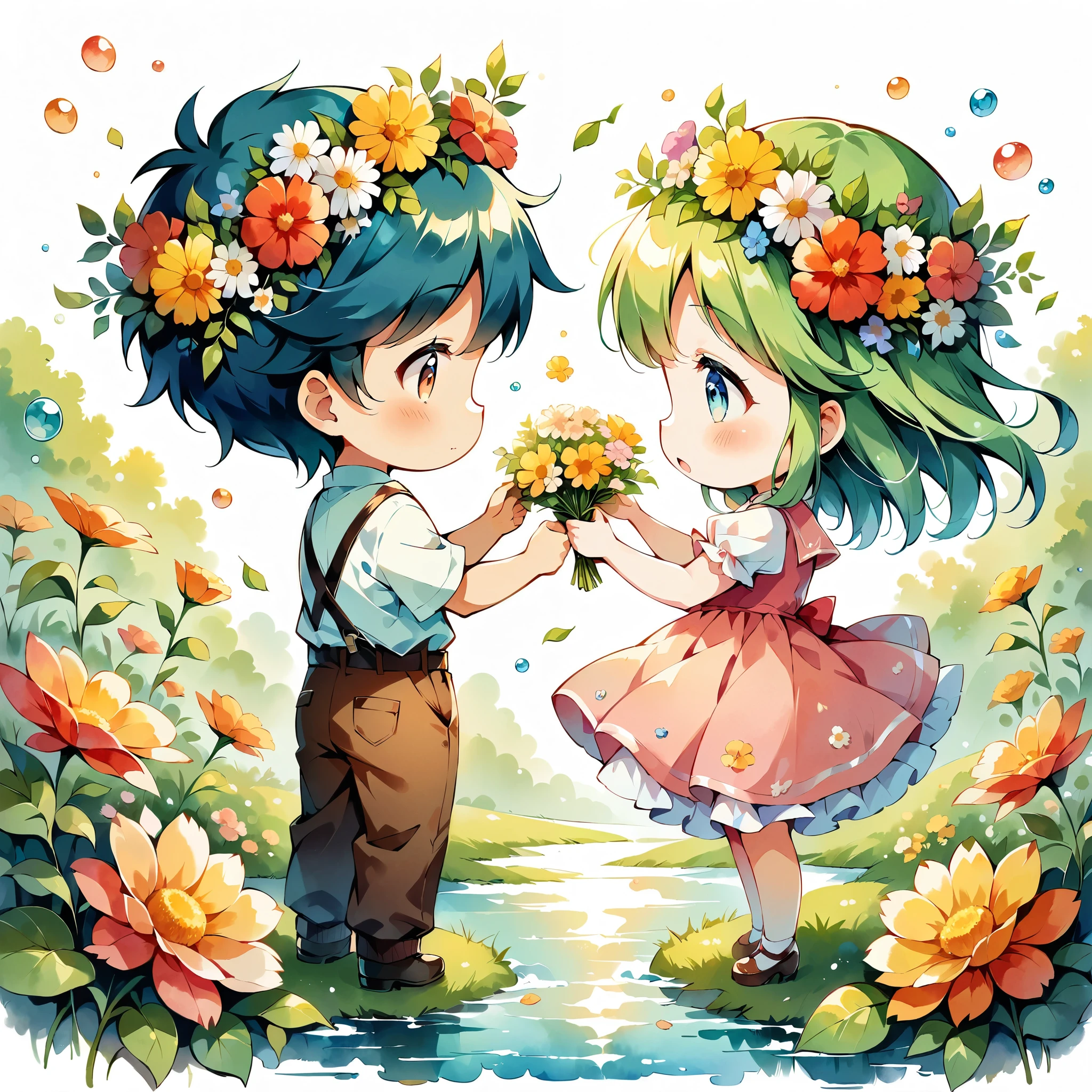 (Anime Style:1.2, masterpiece:1.2),A heartwarming scene of a boy giving a flower crown to a girl, Awarding of flower crowns,((Little, Full body image)), Girl wearing a flower crown, watercolor, Simple illustration, Flower Storm, Colorful water bubbles, 