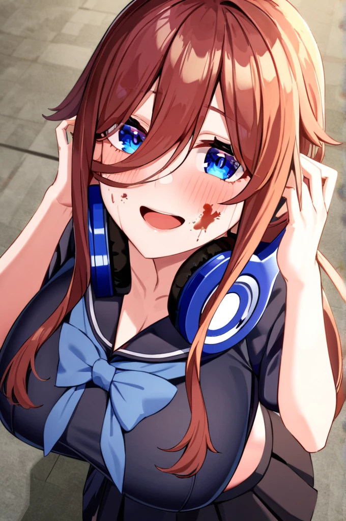 Mikunakano, Miku Nakano, Long Hair, bangs, blue eyes, Brown Hair, shirt, Hair between the eyes, Headphones around neck,smile、happy smile, smile, Open your mouth,Big Breasts,Japanese schoolgirl(Black Sailor Suit),Short sleeve,Black pleated skirt,Black pantyhose,Brown Loafers,Daytime,Clear skies,whole bodyがイラストに入るように,Looking down from above,
break indoors, School,Big Breasts,
break looking at viewer, whole body,
break (masterpiece:1.2), highest quality, High resolution, unity 8k wallpaper, (shape:0.8), (Beautiful details:1.6), Highly detailed face, Perfect lighting, Extremely detailed CG, (Perfect hands, Perfect Anatomy),1girl,solo,gasai_yuno,(hands on own cheeks),(looking at viewer),(blood splatter),church,,on ground,Blood on the face,, laughing,blush,masterpiece,best quality,very aesthetic,absurdres