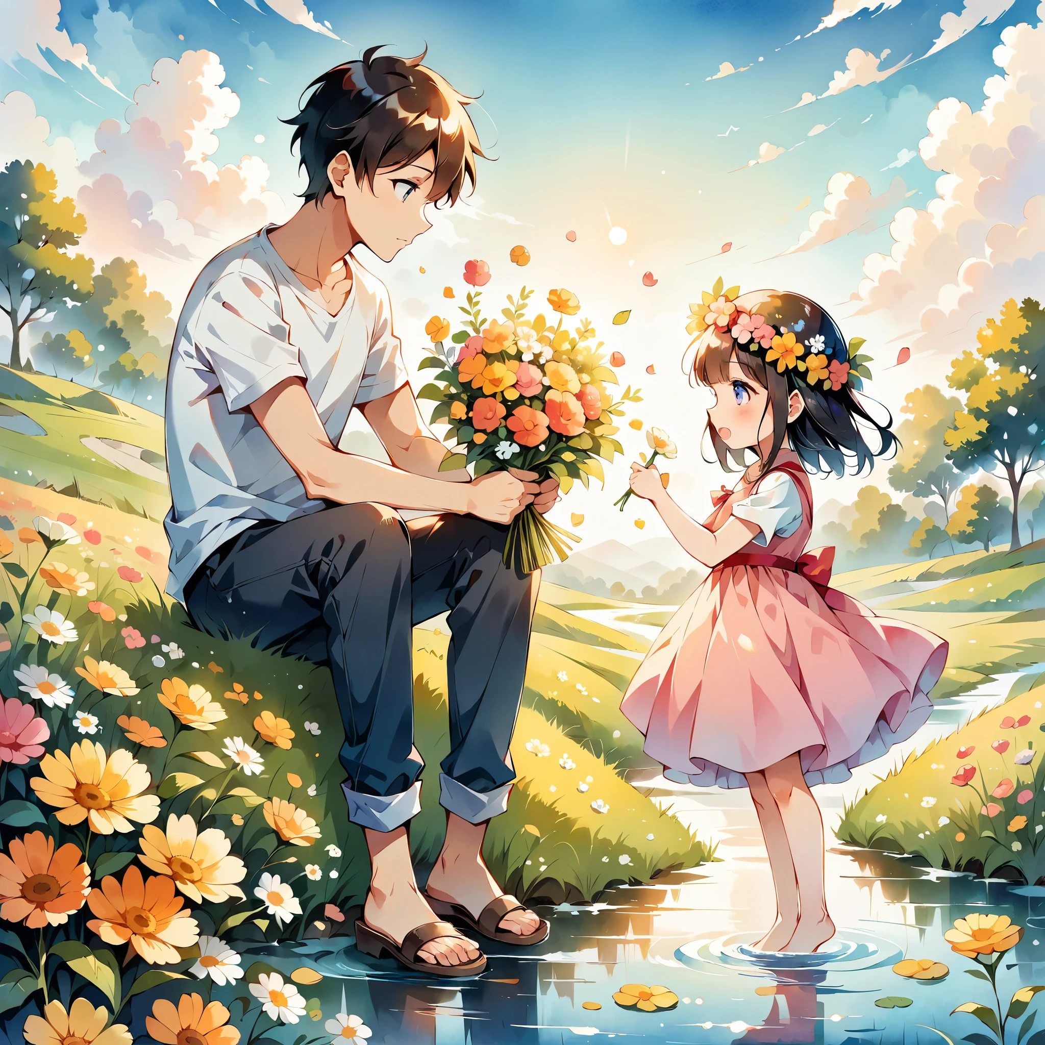 (Anime Style:1.2, masterpiece:1.2),A heartwarming scene of a boy giving a flower crown to a girl, Awarding of flower crowns,((Little, Full body image)), Girl wearing a flower crown, watercolor, Simple illustration, Flower Storm, Colorful water bubbles, 