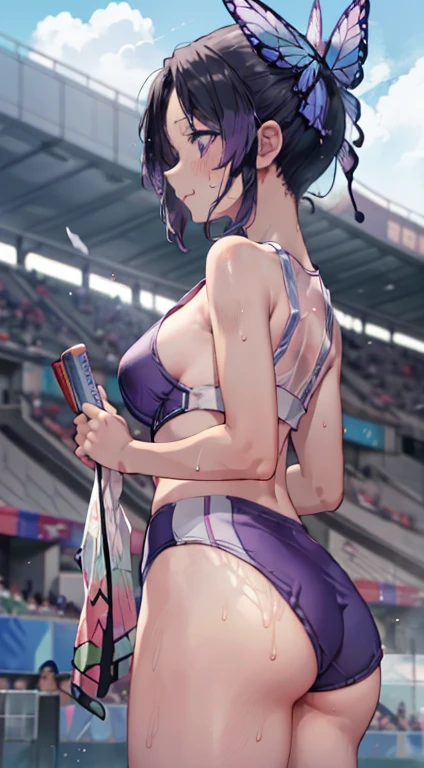 nsfw, Olympic, kochou shinobu, Full-body ultra-realistic 8K CG,masterpiece,Angle from the auditorium,Running at full speed, Underboob, Look at the goal, ((Highly detailed background,Delicate pattern,Intricate details)),The best quality in the best condition,とてもとてもとても詳細なface,(((Stadium, Arena))),, (((Serious expression, Sweat))), , , Highly detailed eyesとface,Highly detailed eyes,kochou shinobu,Multicolored Hair,No bangs,Hair Intake,Track and field uniforms, Purple eyes,Haori,butterfly,band,(熱band庭園:1.2),Purple Flower,mostly cloudy null,Light of the sun,Tyndall effect,slope_null,face,beautiful null,,Seductive posture,(Medium chest:1.3),(Track and field costumes:1.6)
