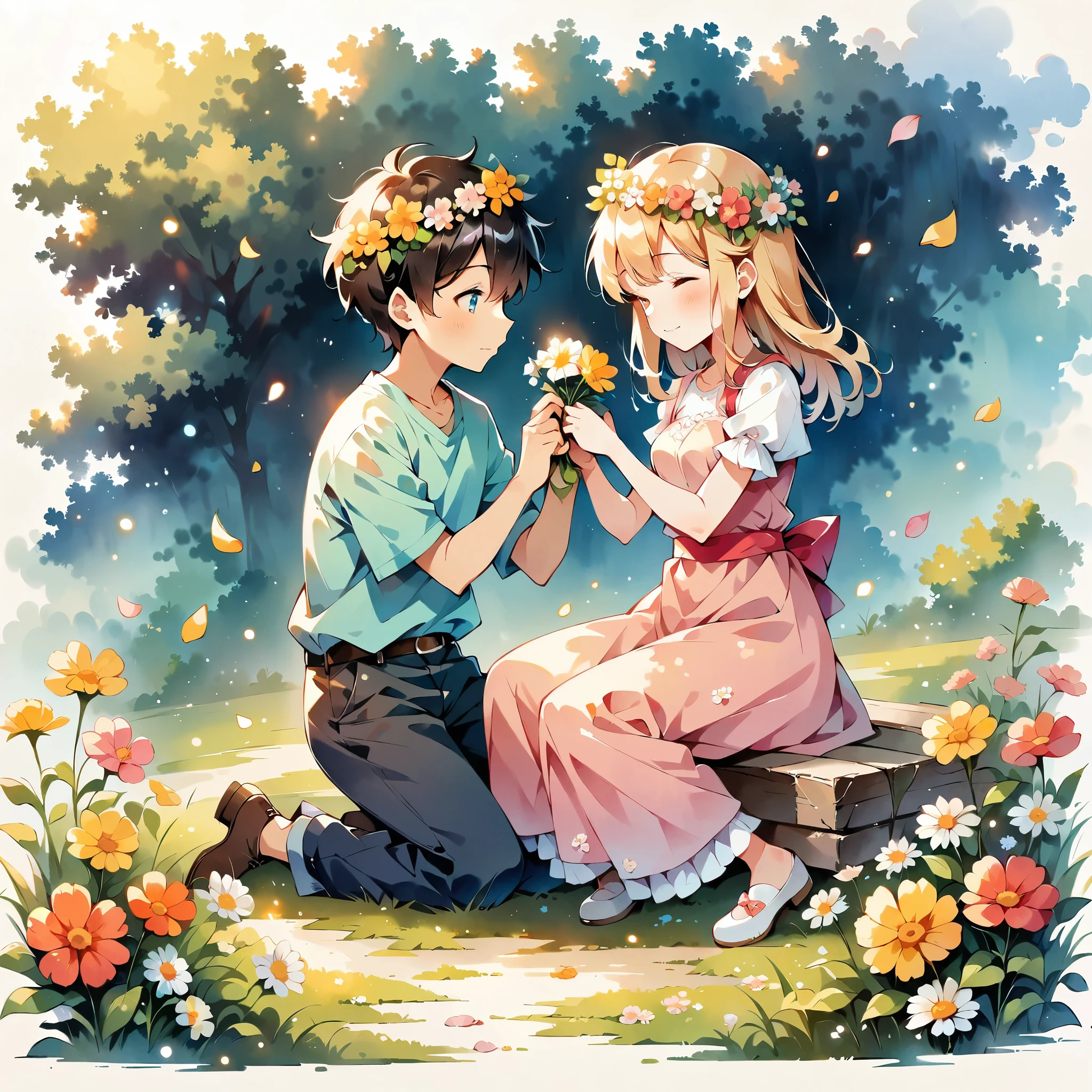 (Anime Style:1.2, masterpiece:1.2),((A heartwarming scene of a boy giving a flower crown to a girl, Awarding of flower crowns)),(((Little, Full body image))), Girl wearing a flower crown, watercolor, Simple illustration, Flower Storm, Colorful water bubbles, 