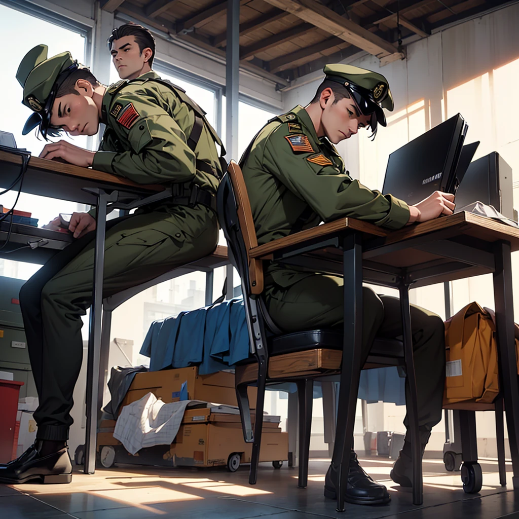 Create an image, with a comic bias, of two soldiers one working hard, concentrated and stressed and another sitting, lazy, with legs under the table