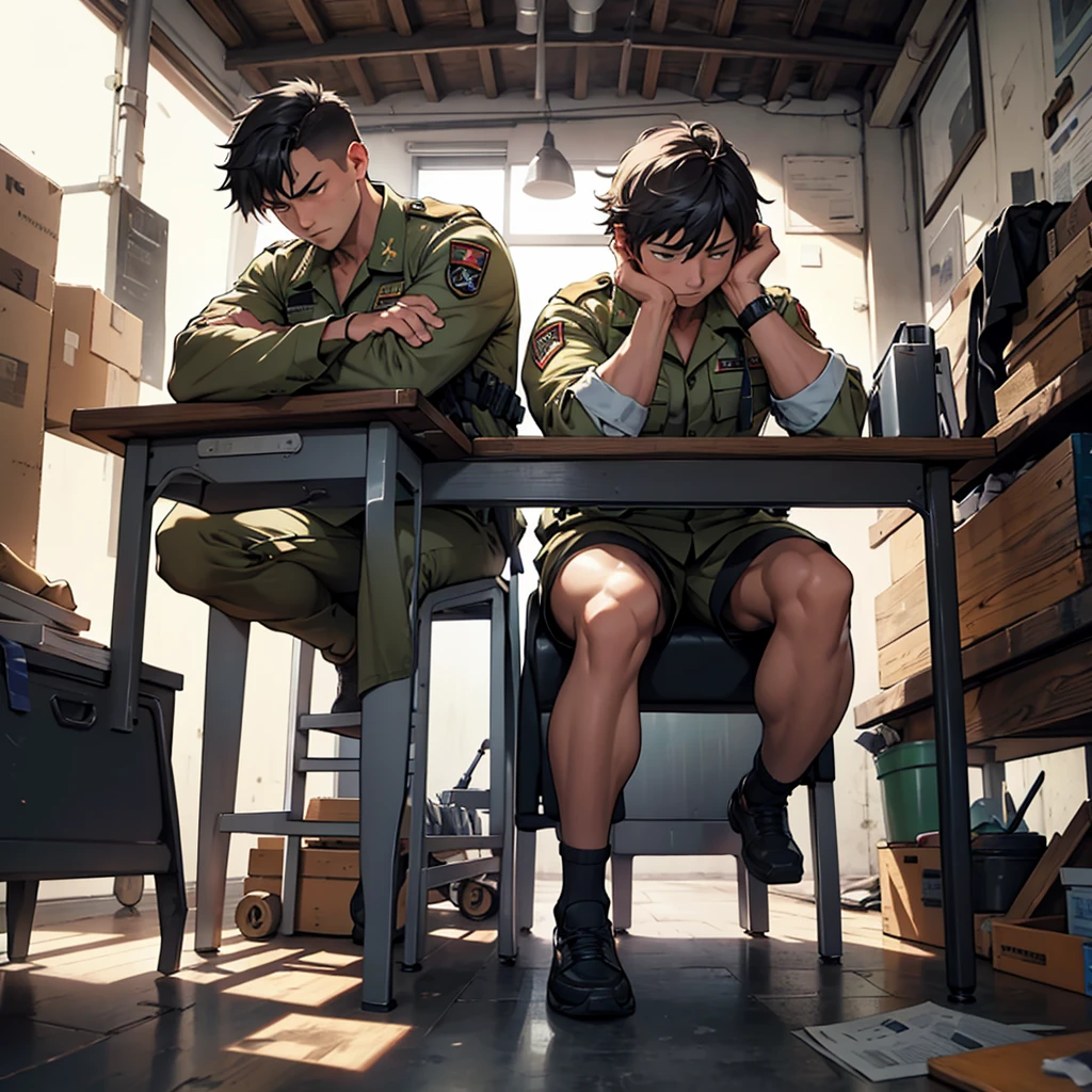 Create an image, with a comic bias, of two soldiers one working hard, concentrated and stressed and another sitting, lazy, with legs under the table