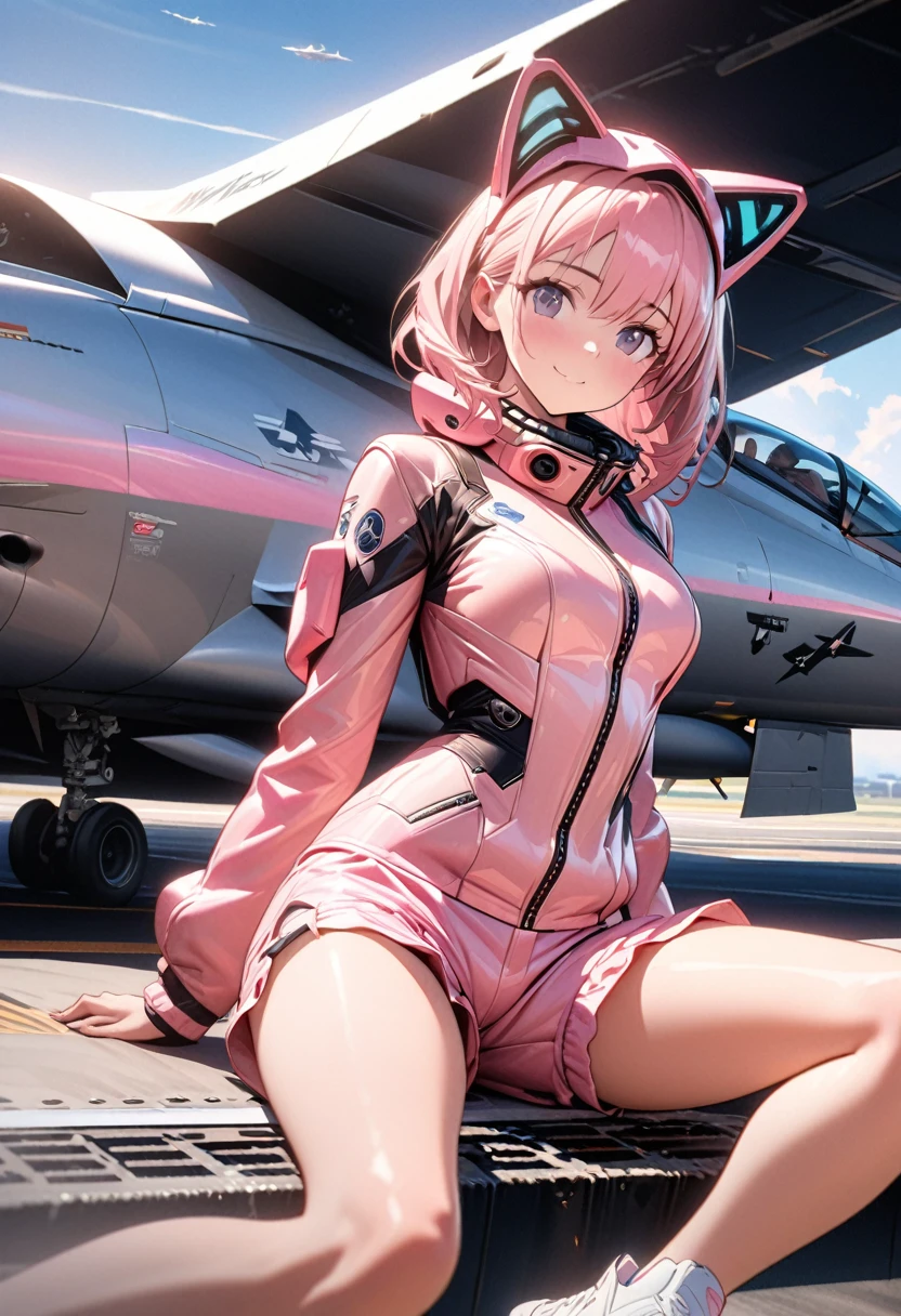 CG concept art,Depicting the fighter pilots of the future The pilot is a girl with cute straight pink hair.She's wearing a cute ruffled pink shorts style pilot suit.Wear cute white sneakers He holds a pink helmet under his arm.Sitting on the wing of a pink fighter jet shaped like an F-16 fighter jet Gazing at the sky,The fighter jet is painted with a stylish design of the future with a different scientific pattern.What happened on the runway at the airport,High quality, high definition, masterpiece, best quality, 4k, 8k, ultra detail,Ultra-fine painting, physically based rendering, cinematic lighting, professional photo resolution,