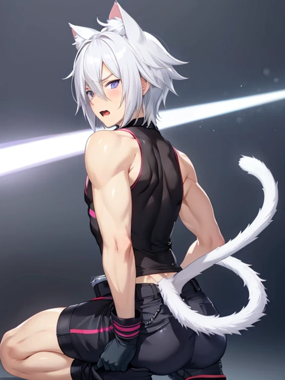 1 young person,alone,18-year-old,male,Shocked facial expression,blush,good looking,White hair Blue eyes,Purple eyes, Cat ear　Side view　Kneeled　Open your mouth and scream　suffer　Sleeveless, wistful expression　Exposure to electricity　Gets done　Thick tail　Upper body naked　Raised to be sexy　Arms up Black pants　Chained, rear view　I can see your back