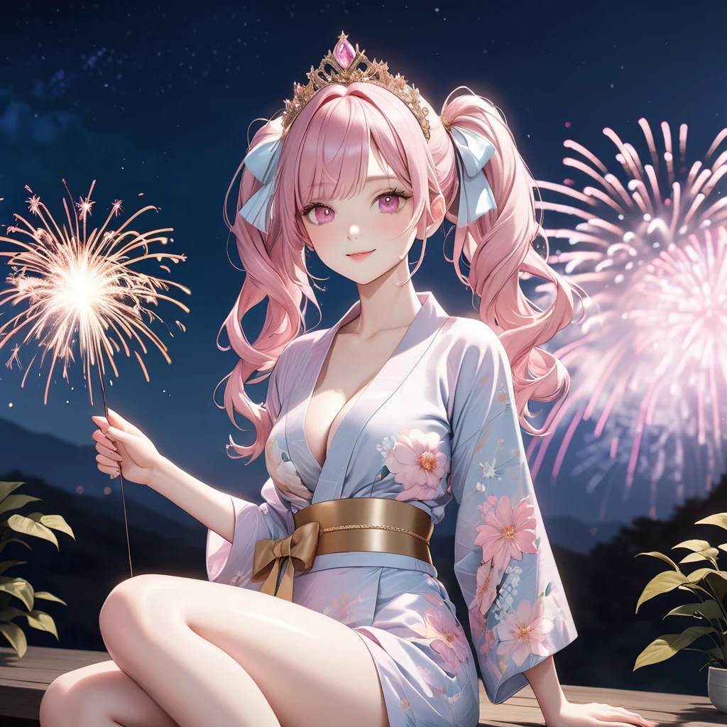 (8K, masutepiece, Best Quality, Official art, Breathtaking beauty and aesthetics, A highly Beautiful detailed, beautiful lighting, The best masterpiece in history that exceeds limits:1.2), (1 Girl, solo), (), (Beautiful detailed face), (shiny white skin), (Beautiful big bust, cleavage:1.3), (thighs,), (Beautiful detailed pastel pink twin tails hair, bangs:1.3), (beautiful detailed drooping pink eyes:1.5), BREAK, (Beautiful detailed pastel black cute Yukata, Flower pattern, gold obi:1.3), (Beautiful Luxurious Diamonds Tiara), (happy smile), (Attractive, Look at the camera, cute pose, siting), breathtaking scenery, (ultra detailed realistic beautiful night sky, Japanese sparklers, Gorgeous fireworks:1.2)