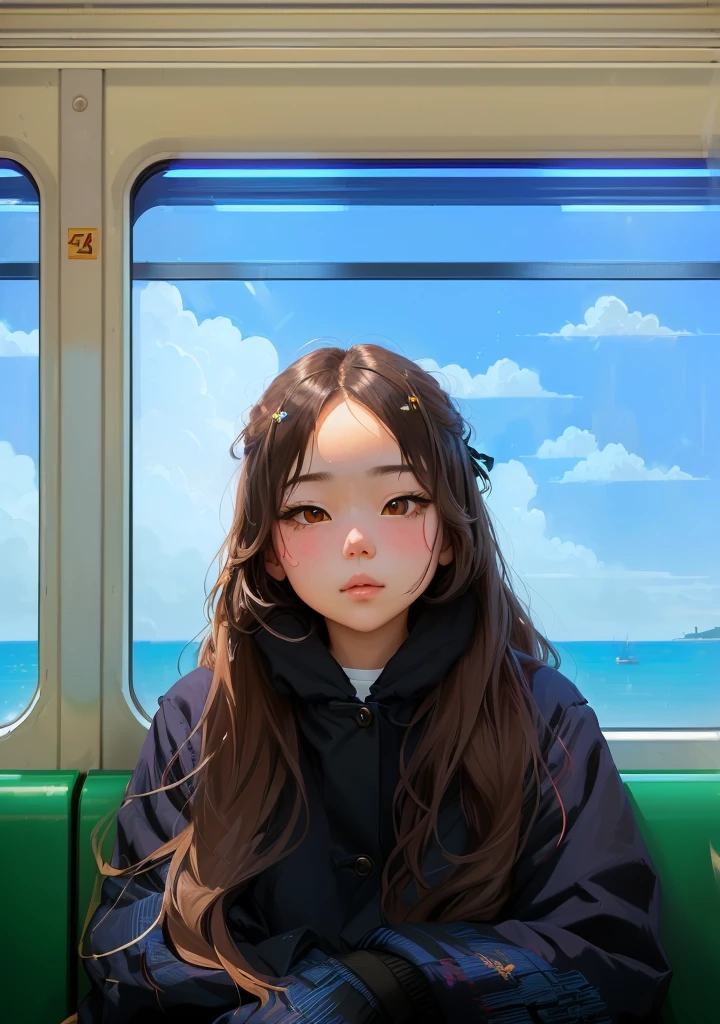 A lady is sitting on a train with her arms folded, Portrait of Lofy, Kawaii realistic portrait, nft portrait, Portrait of Lofy at a window, guweiz style artwork, High quality portrait, Lo-Fi Girl, Inspired by Kim Jong-hee, solo portrait 🎨🖌️, Digital Anime Illustration, 🤤 Girl Portrait