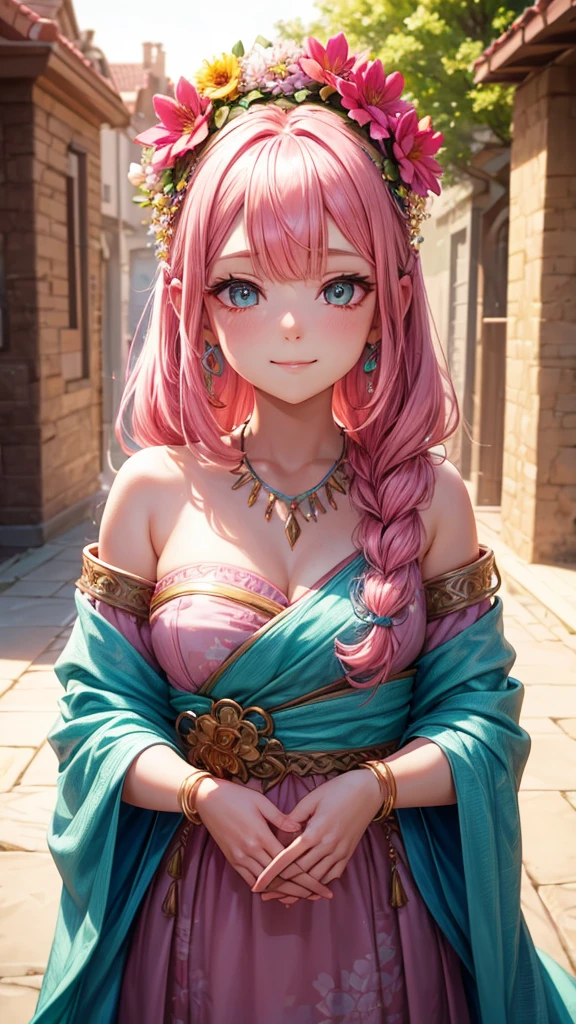 pink hair, hair over shoulder, parted bangs, jewelry, flower on head, mismatched pupils, aqua eyes, heart earrings, light smile, closed mouth, cinematic lighting, UHD, textured skin, high details, best quality, highres, 4K, 8k,(I have a flower.)