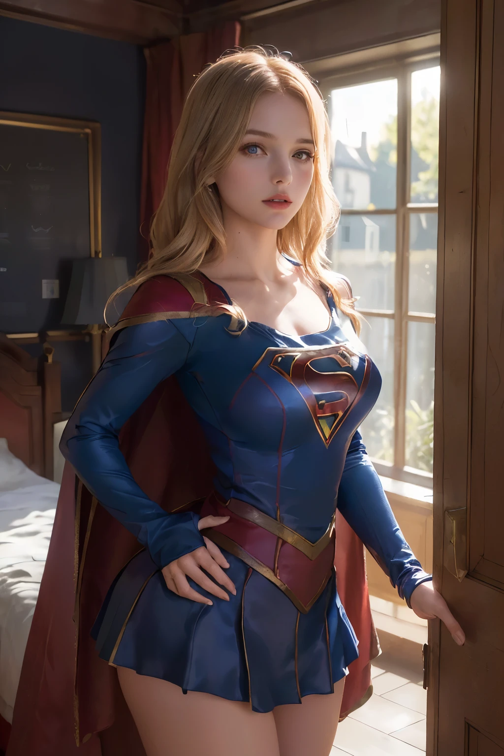 ((Corps de femme mis gros seins en robe de costume de Supergirl S2)), ((Qualité supérieure)), ((Médaillée d'or)), ((Realisme absolu)), (Détails sur mesure), ((Costume détaillé de Supergirl S2)), ((Buste en forme de poire)), ((Robe de costume bleue et rouge)), (25 ans), ((Boucliers lumineux sur l'avant)), ((Helmut cybernétique)), ((Exposition de la poitrine)), ((Garde des yeux vers la caméra)), ((Poses dynamiques)), ((Fiction scientifique)), ((HDR)),