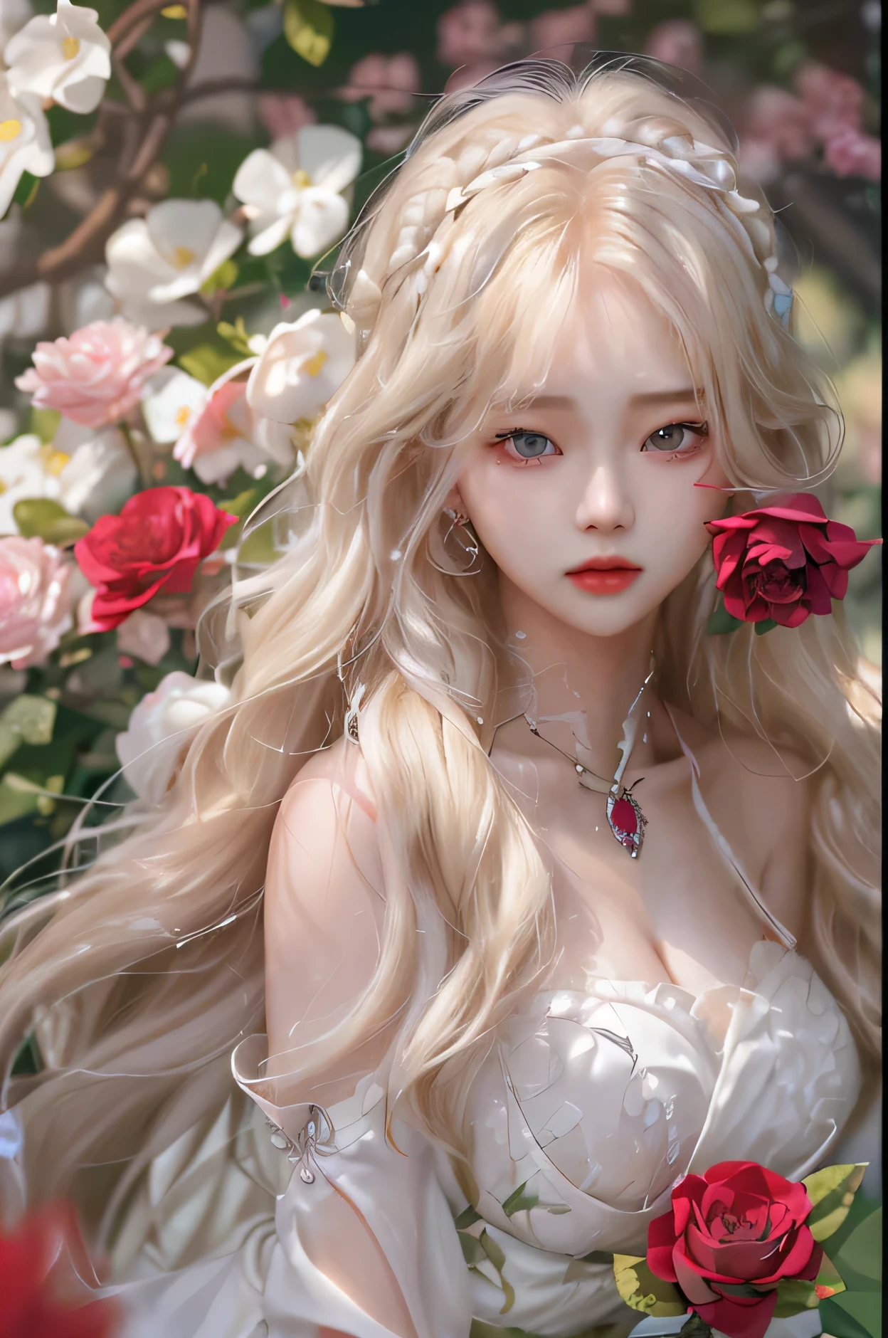 young woman/ young woman with light blonde hair, platinum ruby hair, wavy hair, Porcelain skin, milky white skin, pale skin and slightly flushed, Hwang Hyunjin&#39;s way, cabello rubio y Porcelain skin, pompous lips and face of hwang hyunjin and green eyes full of innocence. his face conveys innocence