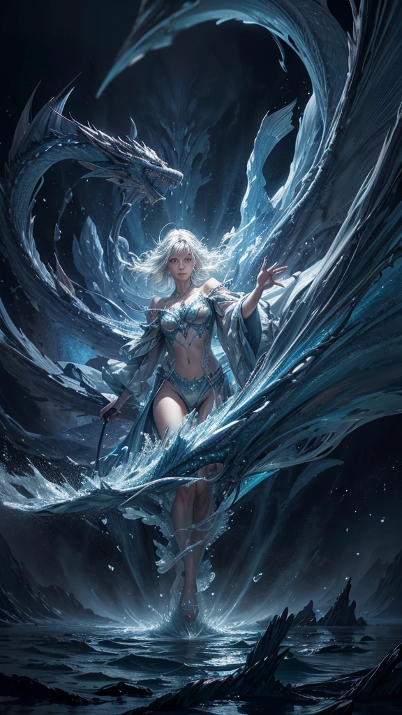 duel, magical duel, water Elemental, water elemental dragon, swirling water body, transparent, ethereal, majestic, detailed digital art, expressive eyes, roaring, cloudy sky background, magical elements,