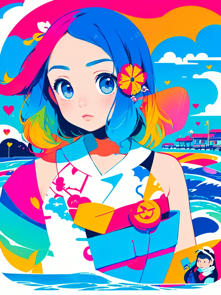 Hayao Miyazaki colorful style, Simple Line Initialism,Abstract art,Urban Background, (((The most beautiful girl of all time))), Sweet face. Lips in love, colorful hearts, stylish design, (((summer beach))),
