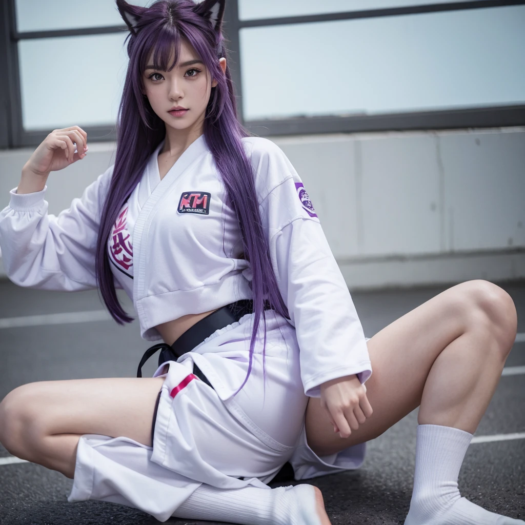 Purple hair wolf orc，White seven-point hairstyle，muscle，Taekwondo uniform，Squat position