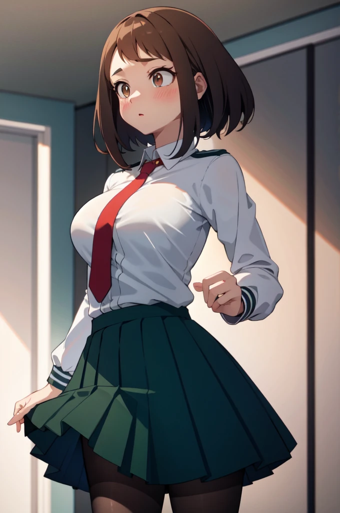 masterpiece, best quality, high contrast, professional photography, soft light, sharp focus, 1girl, hmochako, blush stickers, short hair, medium breasts. , green skirt, pleated skirt, red necktie, black pantyhose, white shirt, long sleeves, grey jacket,beautiful brown eyes, cleavage, big breasts, sweating, blushing, heavy breathing, shirtless,porn,pussy