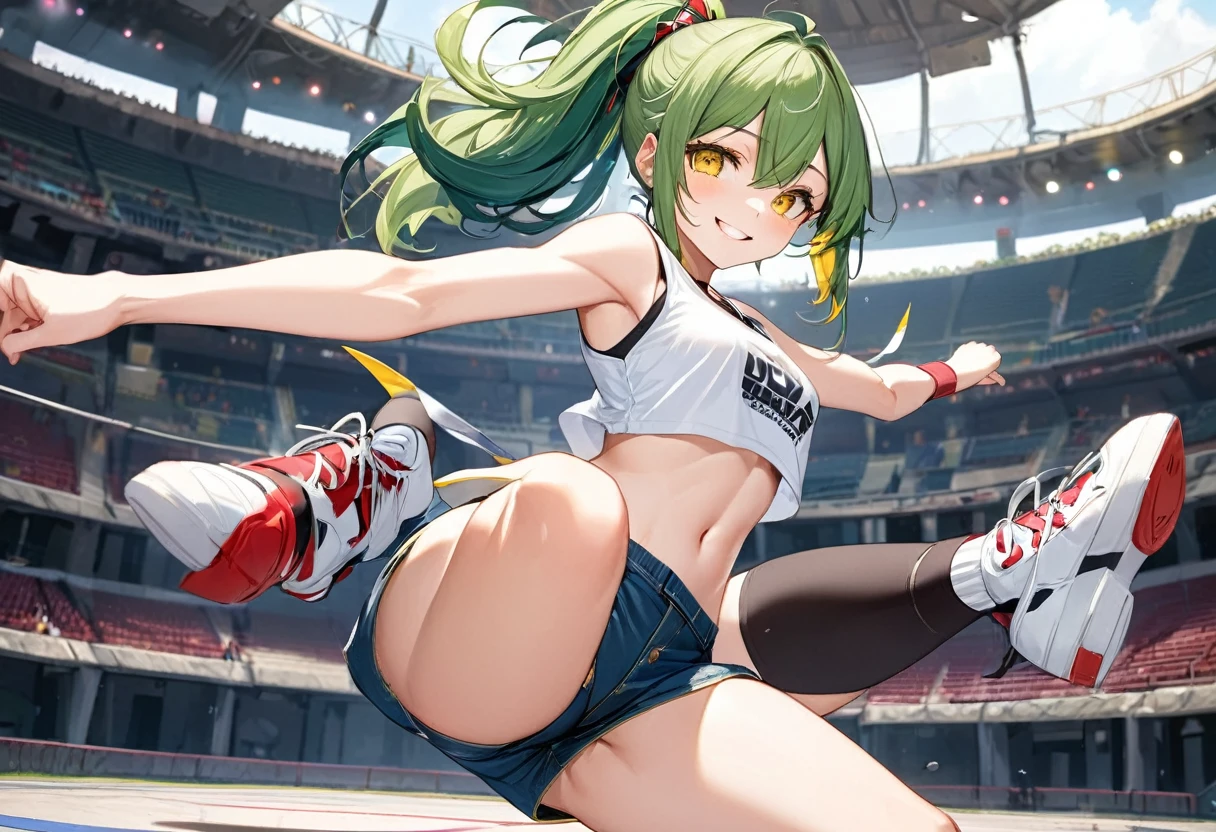 (Battle Festival style) (beautiful fighting pose, high kicking pose), (solo:2, 15 yo), (beautiful ponytail), (beautiful detailed green hair long hair), (best fighter girl, cute yellow eyes, smile, medium tits), in a tank top, hot pants, break, in the battle game Colosseum, BREAK, perfect anatomy, masterpiece, best quality, 16k, beautiful detailed grow, daydreaming expression.