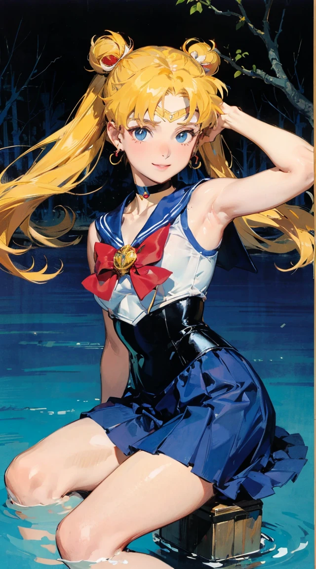 (masterpiece:1.2、best quality、Masterpiece)、1 female、Solitary、classroom、sky、sit、Blonde、Double tail、Red Eyes、(sleeveless sailor suit:1.25)、(dark skin)、Large Breasts、Pantyhose、Corset、Put your hands behind your head，Crazy breast swelling Sailor Moon holding an assault rifle　　((masterpiece)), (best quality), official art, extremely detailed CG, 
1girl, sailor moon, blue eyes, blonde hair, long hair, hair bun, jewelry, sailor senshi uniform, blue sailor collar, red choker, twintails, red bow, blue skirt, holding binoculars, outdoors, forest,  Realistic portrait of the protagonist of the anime Sailor Moon　(Super detailed,ultra high resolution,detailed background),((2D)),((flat color)),((colorful)),((floating colorful water)),1 girl,alone,looking at the viewer,break　girl, sweat, steam, medium breast, shy, detailed hand, shy, light smile, looking at viewer,