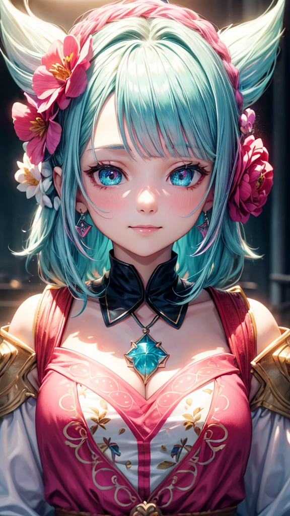 （I have a flower）,pink hair, hair over shoulder, parted bangs, jewelry, flower on head, mismatched pupils, aqua eyes, heart earrings, light smile, closed mouth, cinematic lighting, UHD, textured skin, high details, best quality, highres, 4K, 8k,