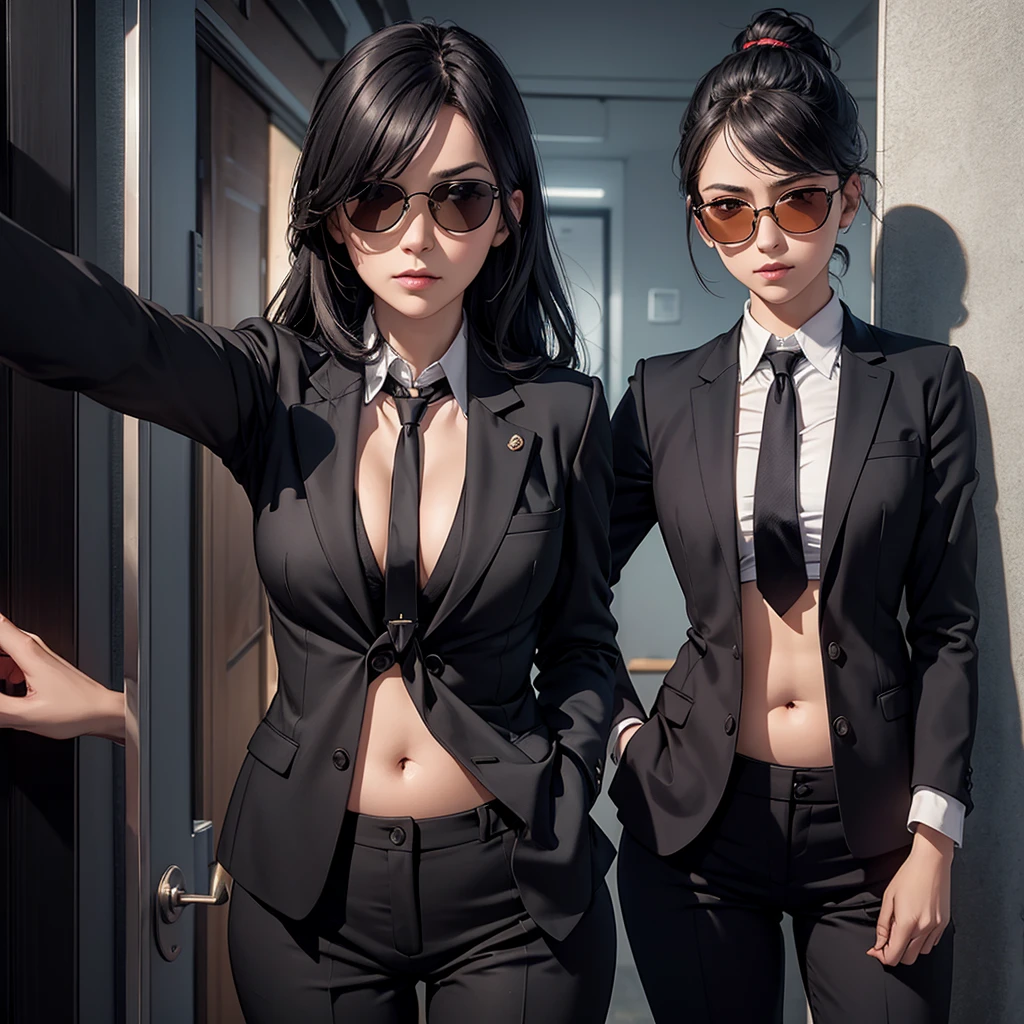 night time, Woman in professional crop top suit, trousers, Show belly, Realistic navel shape, necktie, black sun glasses, secret organization, holding pistol, knock on the door, MIB