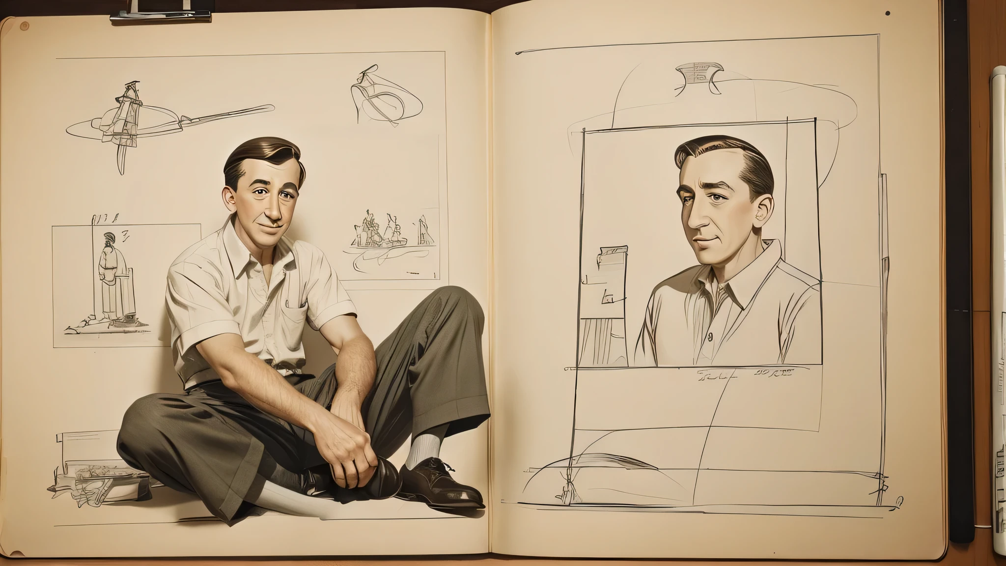 "Walt Disney as a young man, sitting at a drawing board in Kansas City, sketching early animations with a determined look, surrounded by simple animation tools and sketches."