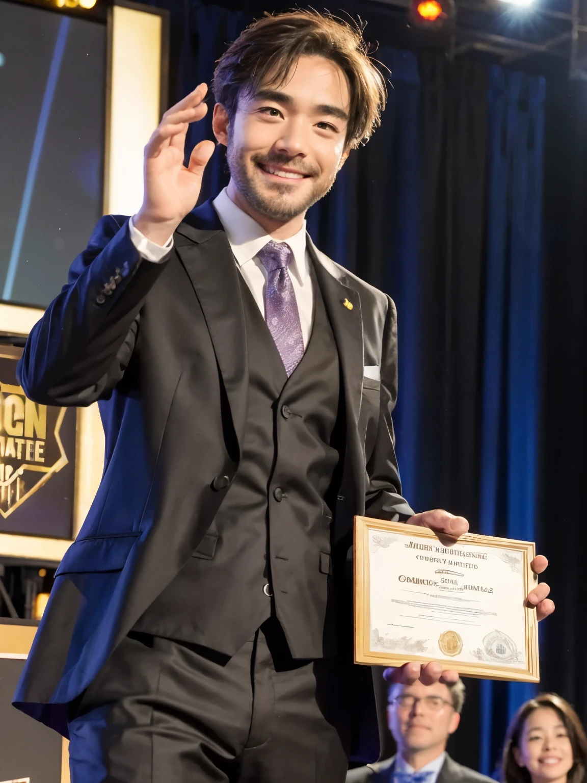 Award-Winning Moment, science, Awards ceremony, Certificate, stage, smile, Audience in the background, Moments of joy, flash, suit, move