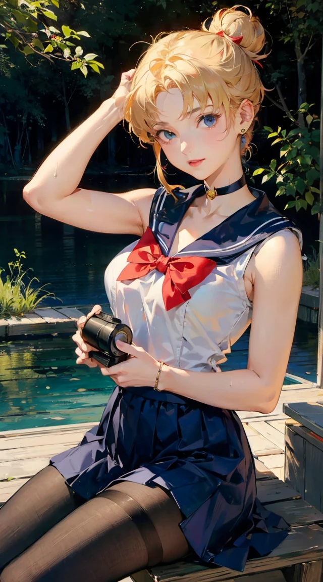 ((masterpiece)), (best quality), official art, extremely detailed CG, 
1girl, sailor moon, blue eyes, blonde hair, long hair, hair bun, jewelry, sailor senshi uniform, blue sailor collar, red choker, twintails, red bow, blue skirt, holding binoculars, outdoors, forest,  Realistic portrait of the protagonist of the anime Sailor Moon　(Super detailed,ultra high resolution,detailed background),((2D)),((flat color)),((colorful)),((floating colorful water)),1 girl,alone,looking at the viewer,break　girl, sweat, steam, medium breast, shy, detailed hand, shy, light smile, looking at viewer,(masterpiece:1.2、best quality、Masterpiece)、1 female、Solitary、classroom、sky、sit、Blonde、Double tail、Red Eyes、(sleeveless sailor suit:1.25)、(dark skin)、Large Breasts、Pantyhose、Corset、Put your hands behind your head，Crazy breast swelling
