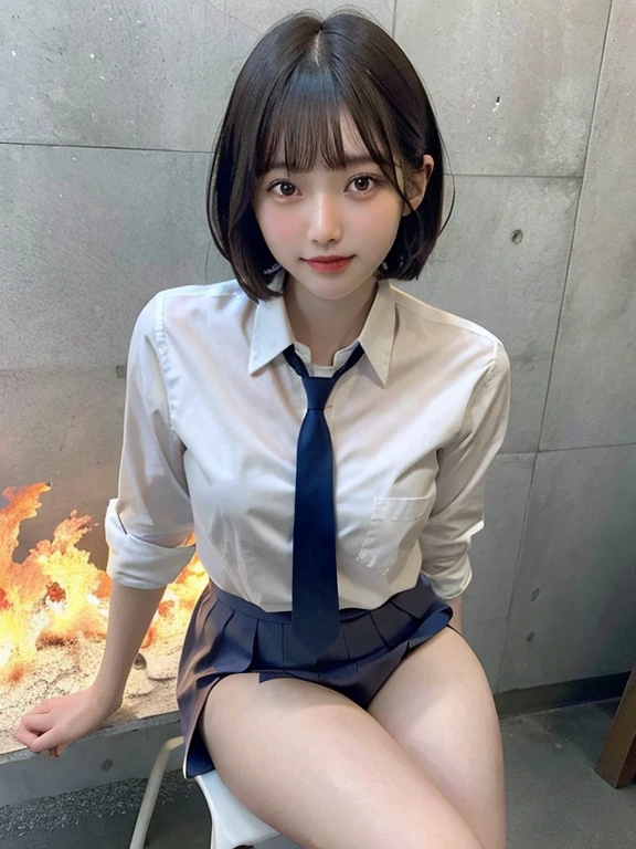 Japanese Girls、17-year-old girl、Short Bob Cut、bangs、Brown eyes、Perfect figure、Transparency、Gloss、Attractive breasts、、Navy blue tie、White shirt、Red Skirt、Hirotake mushroom、Burning Body、Burning idol pose、Light blue wall、Beautiful legs、Strong sunlight、dirty、雨にWet体、Wet,Sitting in a chair、I can see your thighs、smile