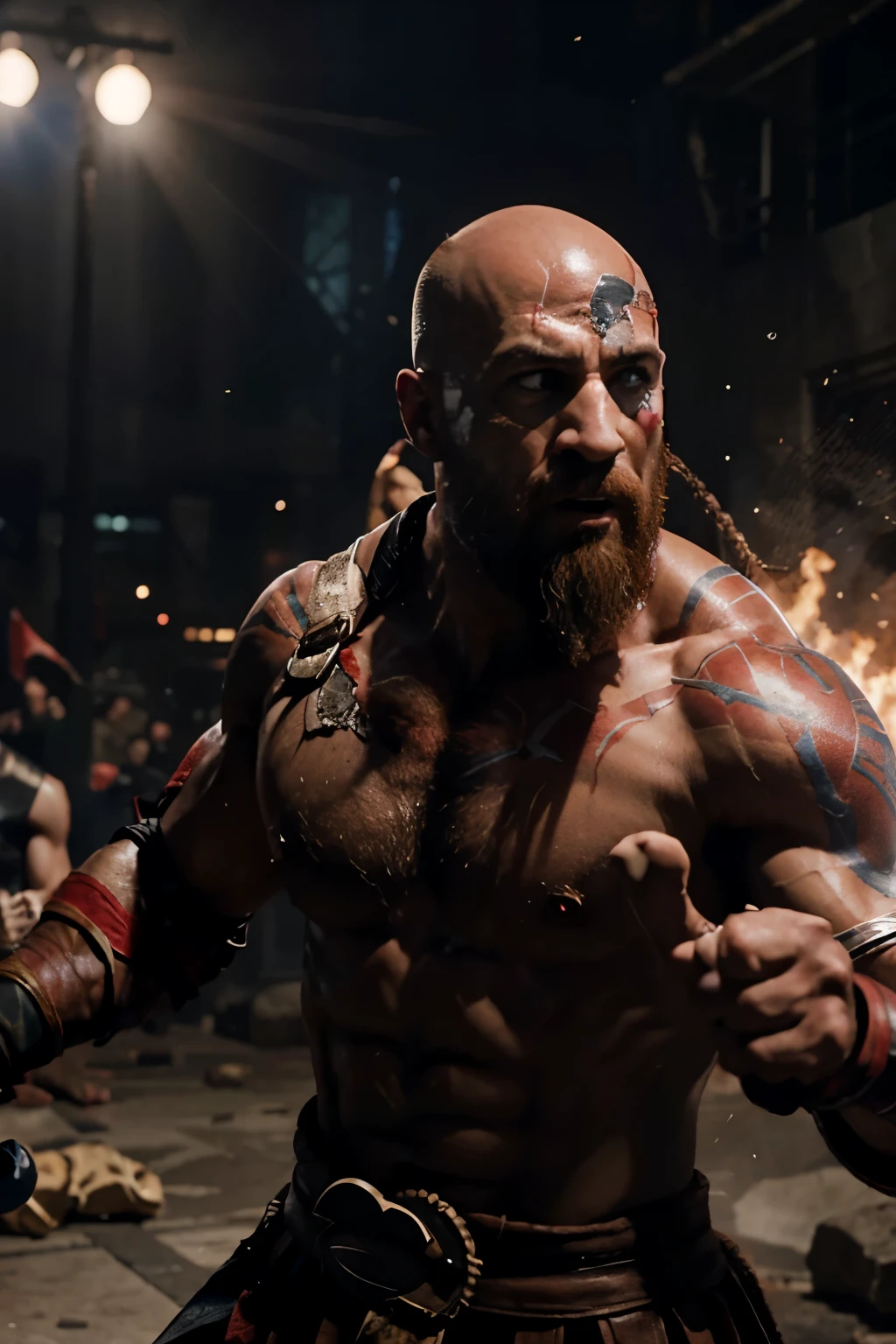 Generate an image of Kratos fighting with the entire Marvel universe
