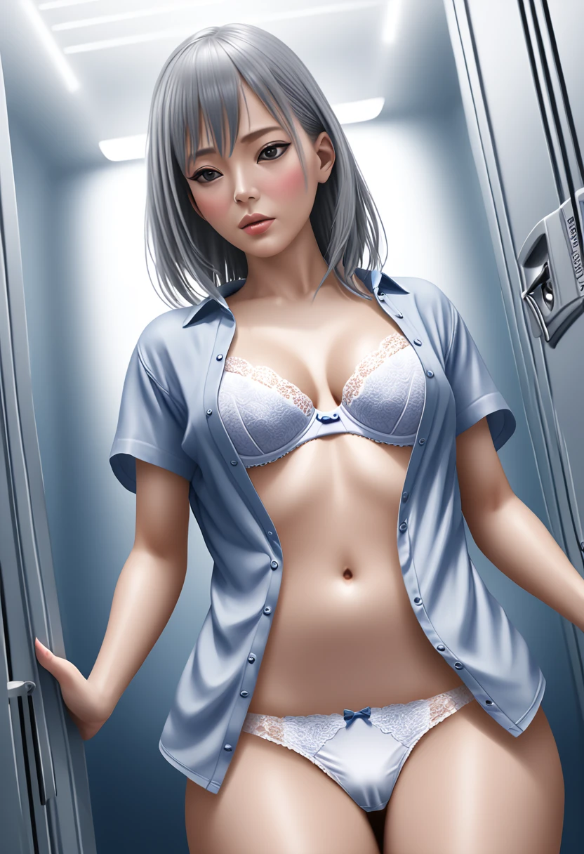 (((masterpiece) (((((Highest quality))))((high resolution))))), Very detailed, Ultra-realistic, )、、locker room、Open shirt、White Bra、白panties、Grey Hair、、、Change of clothes、((Expressionless))、From below.stand、Look away.、((((Gaze Down))))、、Do not look at the front、、pubic hair、Pull down your panties、solo、Take off your panties