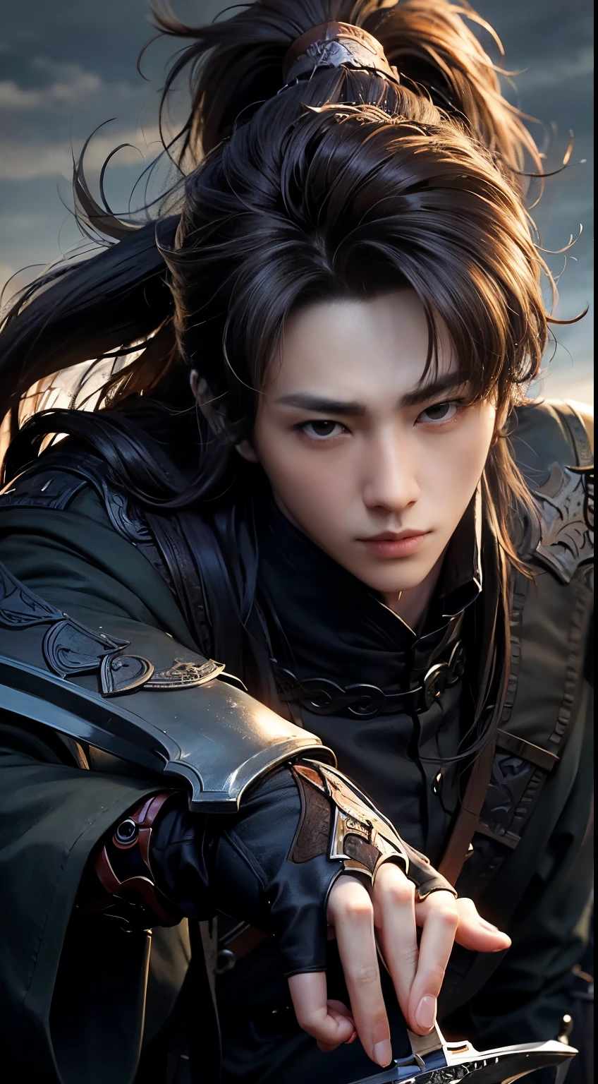 A warrior，long way hair，Hanphobe，Sword，Handsome face shape，Lifelike：1.2