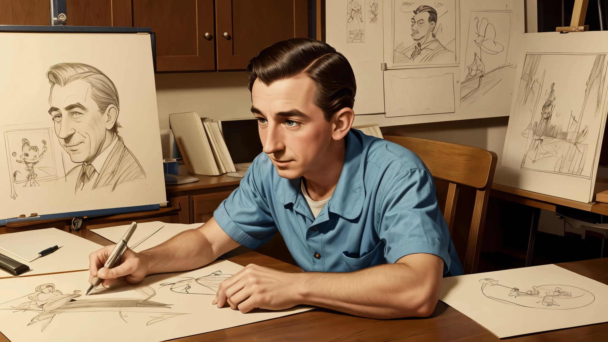 "Walt Disney as a young man, sitting at a drawing board in Kansas City, sketching early animations with a determined look, surrounded by simple animation tools and sketches."color picture