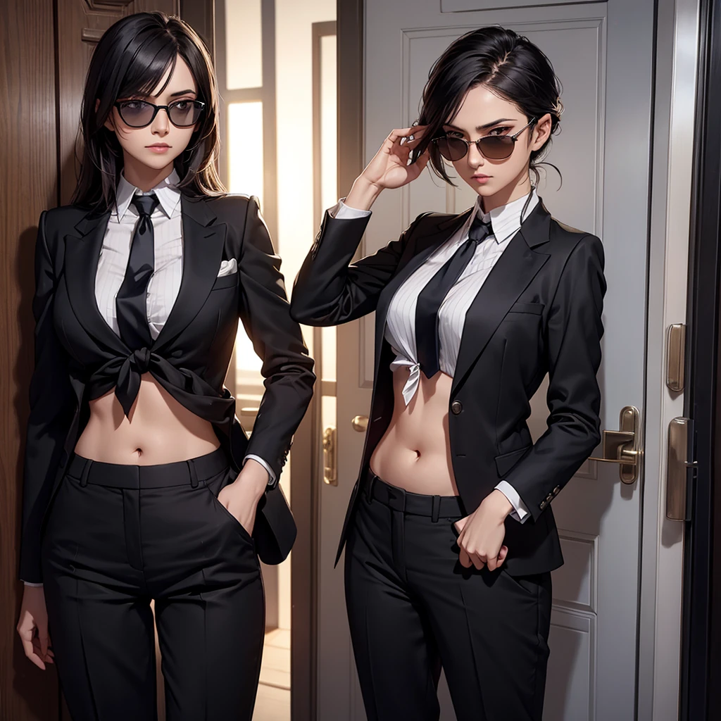 night time, Woman in professional crop top suit, trousers, Show belly, Realistic navel shape, necktie, black sun glasses, secret organization, holding pistol, knock on the door, MIB