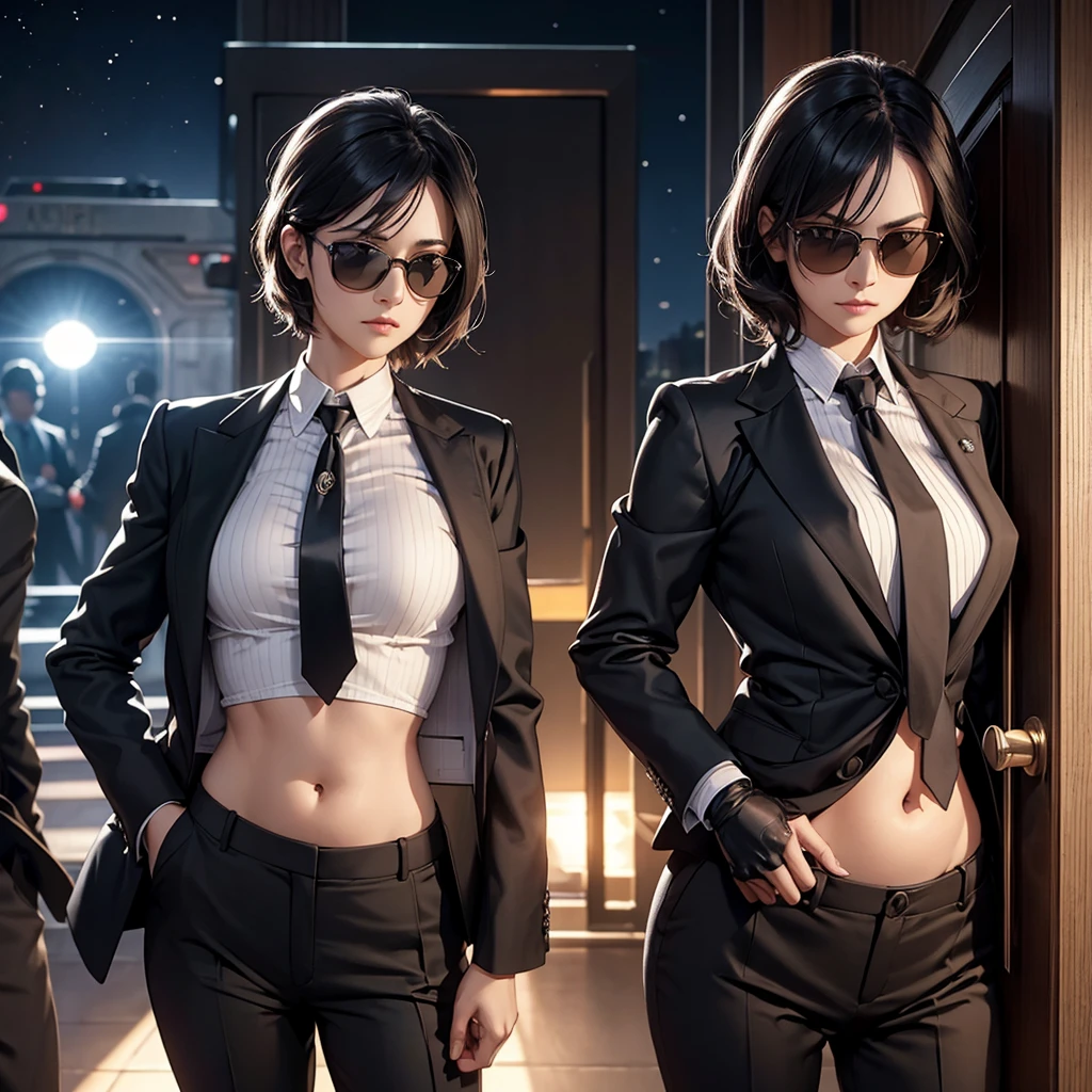 night time, Woman in professional crop top suit, trousers, Show belly, Realistic navel shape, necktie, black sun glasses, secret organization, holding pistol, knock on the door, MIB