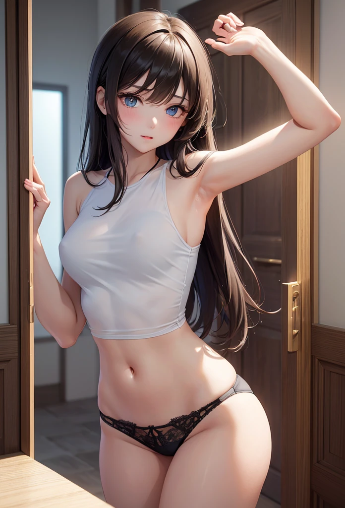 A beautiful girl opening a door with a sleepy expression, anime girl, (20 year old girl:1.3), housewife, inside the room, inside the house, yellow sleeveless camisole, beige lace panties, big round breasts, dark brown hair, long hair, wavy hair, messy hair, bangs aqua eyes, glowing eyes, pupils sparkling, blush, glossy lips, yawn, detailed face, slim waist, shapely legs, beautiful thighs, perfect body, anime CG style, high definition, natural light, high detail, anime, dithering, image fill, perspective, Wide-Angle, f/1.8, 85mm, Sony FE GM, 8k, 8k wallpaper, super detail, highly detailed CG, UHD, retina, masterpiece, accurate, anatomically correct, textured skin, highres, best quality:1.3, 16k