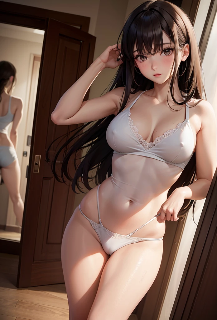 A beautiful girl opening a door with a sleepy expression, anime girl, (20 year old girl:1.3), housewife, inside the room, inside the house, yellow sleeveless camisole, beige lace panties, big round breasts, dark brown hair, long hair, wavy hair, messy hair, bangs aqua eyes, glowing eyes, pupils sparkling, blush, glossy lips, yawn, detailed face, slim waist, shapely legs, beautiful thighs, perfect body, anime CG style, high definition, natural light, high detail, anime, dithering, image fill, perspective, Wide-Angle, f/1.8, 85mm, Sony FE GM, 8k, 8k wallpaper, super detail, highly detailed CG, UHD, retina, masterpiece, accurate, anatomically correct, textured skin, highres, best quality:1.3, 16k