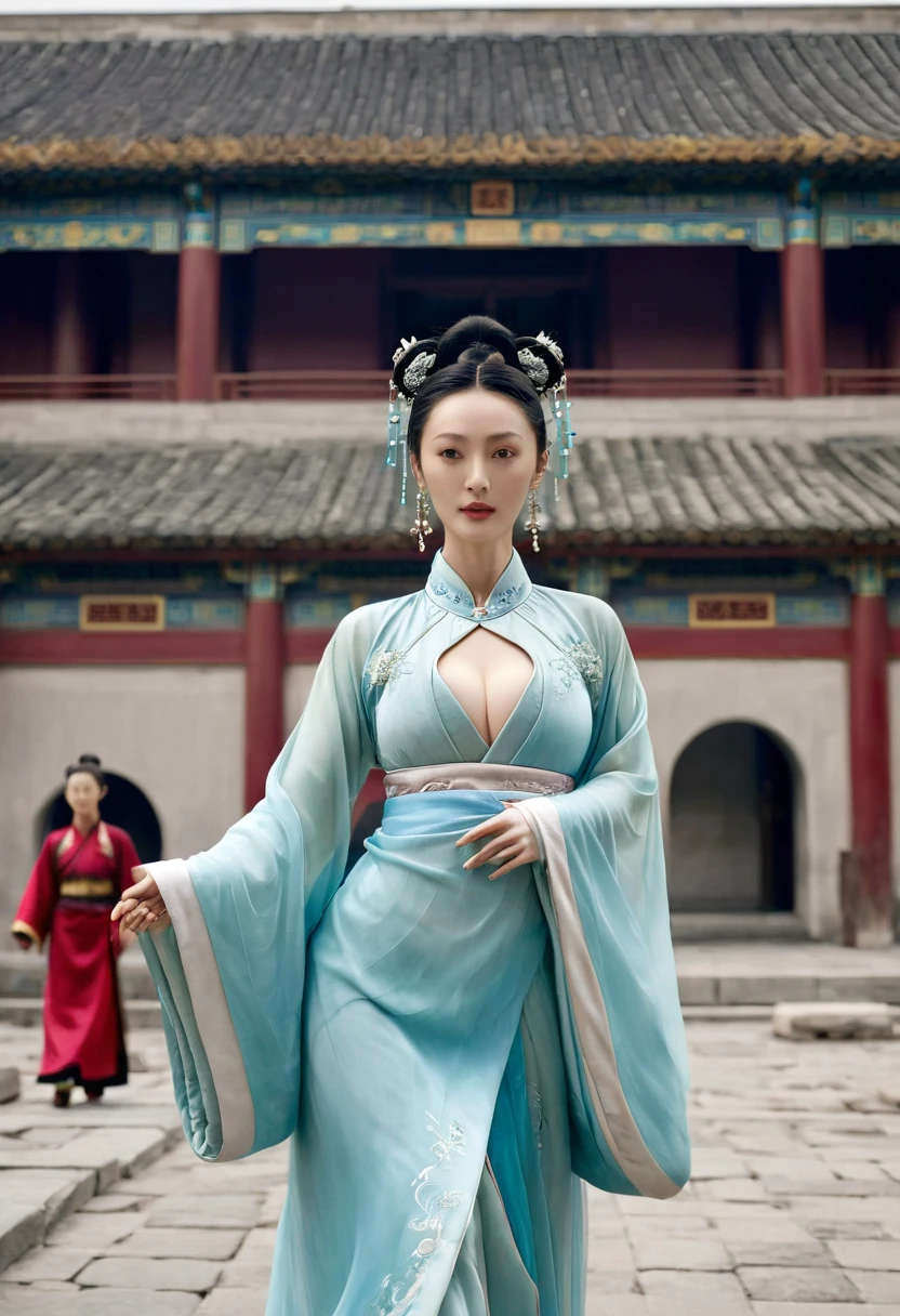 Chinese actress Xu Xun in The Legend of Ruyi (Zhou Xun) A Qing dynasty Empress standing in the foreground, showing her large breasts, her hairy pussy and underbelly, naked without underwear on the cobblestones outside a Chinese palace during the Qing dynasty、Chinese empress hairstyle big crown