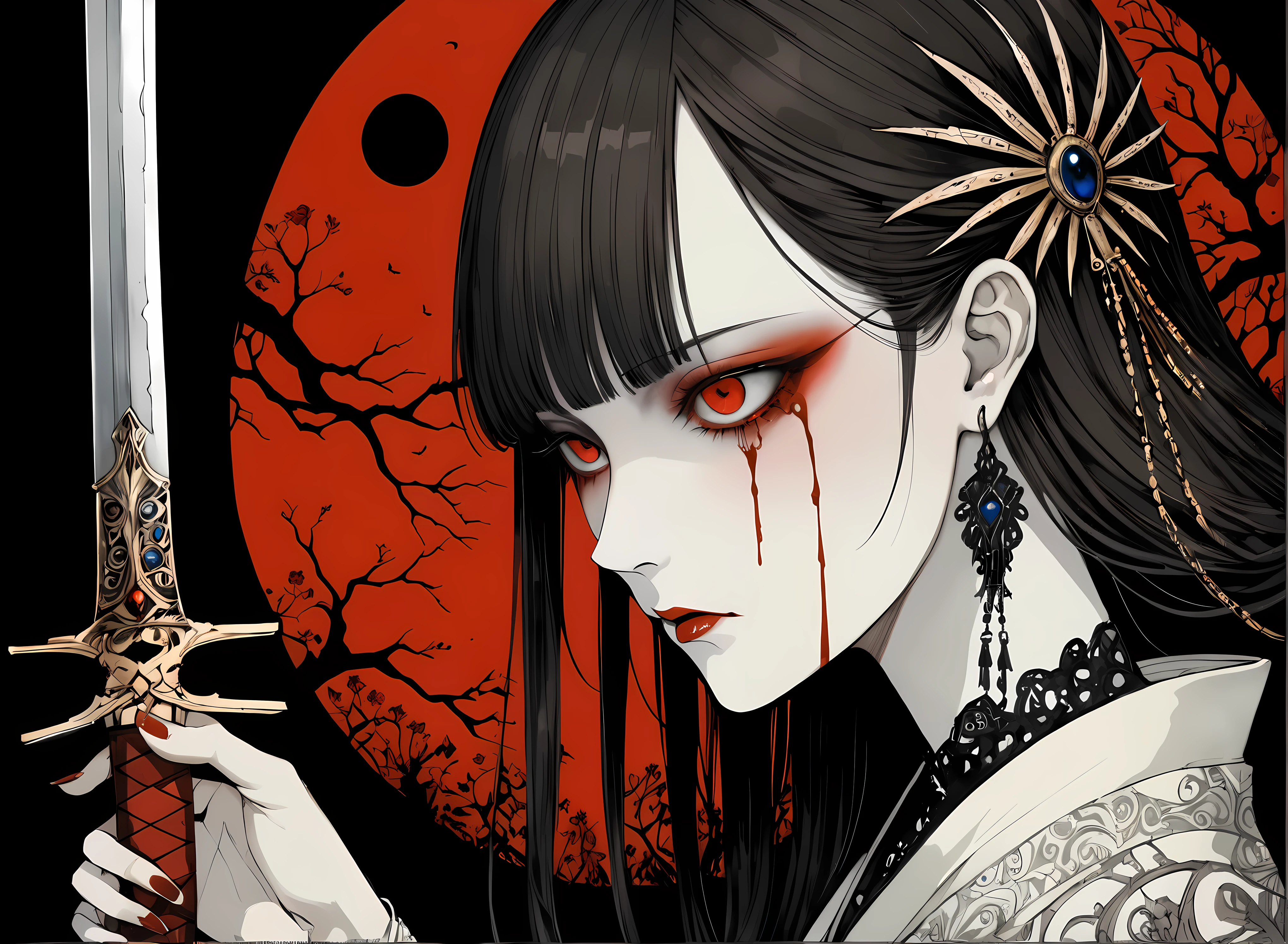 in style of Harry Clarke,in style of Alma Woodsey Thomas,in style of Santiago Caruso,in style of American McGee, Brunette girl、Red eyes、Very delicate and beautiful eyes、holding sword with both hands、There is blood on girl's face, Dark Fantasy, fear、Very detailed, White Kimono、perfect hands, perfect anatomy,Rear view、contour、(Samurai sword:1.5) )、draw your sword、draw your swordテクニック、moonlight、night、moonlight from above:1.5