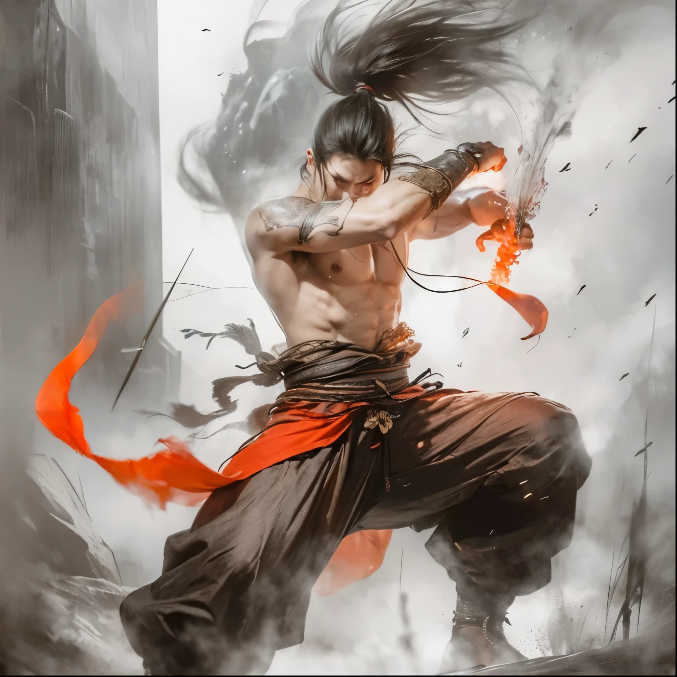 (masterpiece:1.2),(8k,highres,best quality,ultra-detailed:1.37),ancient chinese warrior,handsome man,muscular full body,perfect pose,beautiful chest,intricate details,chiaroscuro lighting,dramatic shadows,epic,cinematic,moody atmosphere,hyper-realistic