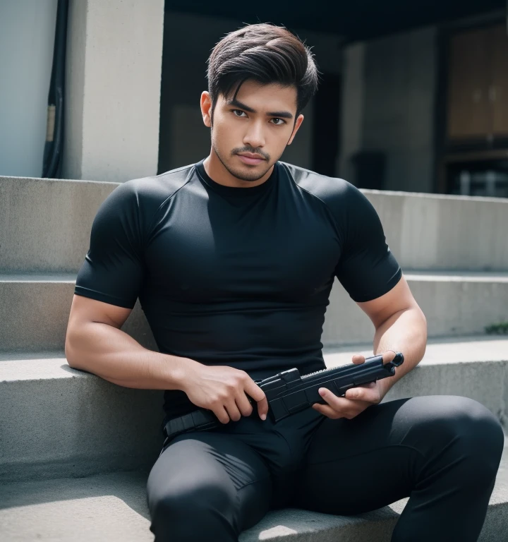 30 years old,One Man,Black Jersey,Rain parking、Sit with your legs wide open、The crotch area is bulging、Hold a gun,logic,Gay ,Very Short Hair,Stubble,Sri Lankan face。Cool handsome guy、Combatant　Fighting spirit
