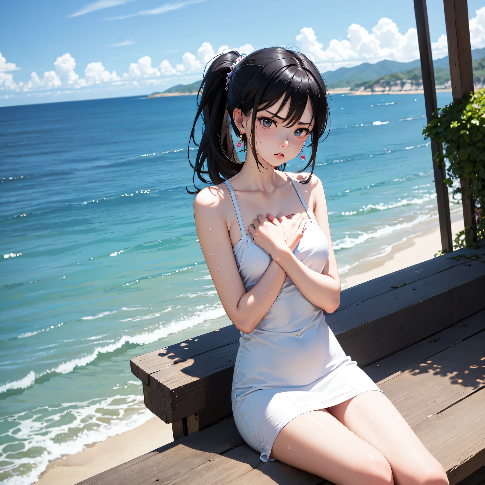 masterpiece, best quality, earrings, transparent, white dress, black hair, small breasts, girl, alone, upper body, hot, sweaty, sitting, ponytail, looking at camera, hands on own chest, ocean, cruiser, sitting, angry