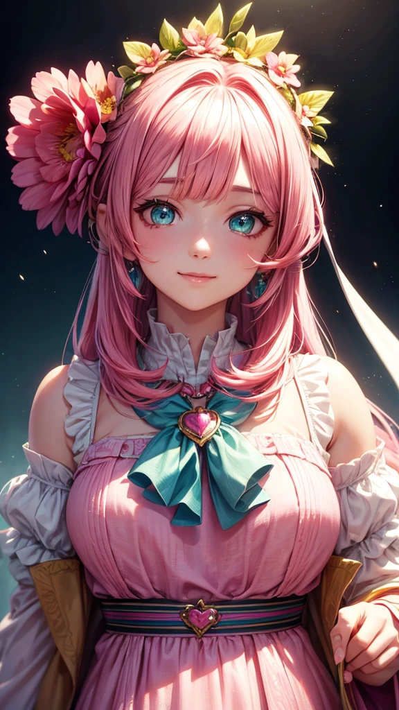 (I have a flower),pink hair, hair over shoulder, parted bangs, jewelry, flower on head, mismatched pupils, aqua eyes, heart earrings, light smile, closed mouth, cinematic lighting, UHD, textured skin, high details, best quality, highres, 4K, 8k,