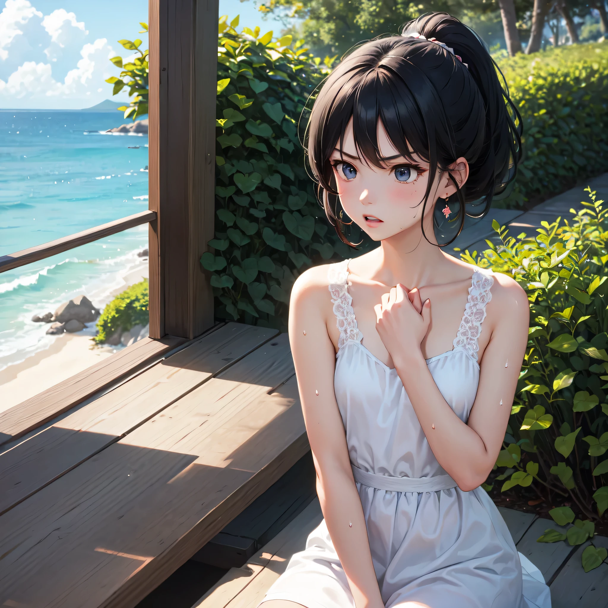 masterpiece, best quality, earrings, transparent, white dress, black hair, small breasts, girl, alone, upper body, hot, sweaty, sitting, ponytail, looking at camera, hands on own chest, ocean, cruiser, sitting, angry