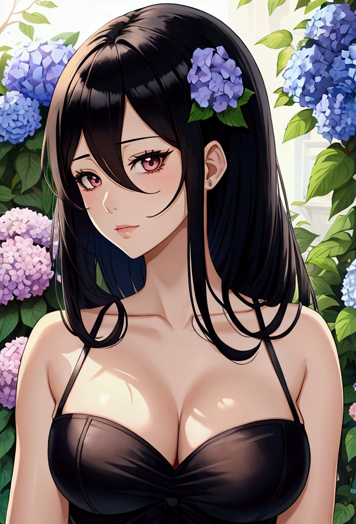 Beautiful woman with a big hydrangea in her right hair. Anime style, very detailed, black hair, hairs between eyes, medium hair,